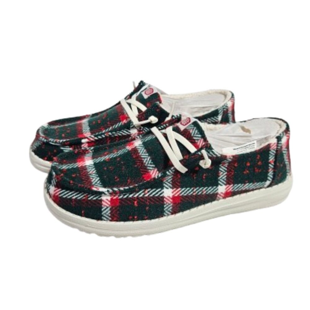 Hey Dude Wendy Confetti Plaid Cozy Red Green Multi Slip-on Shoes Women's Size W9
